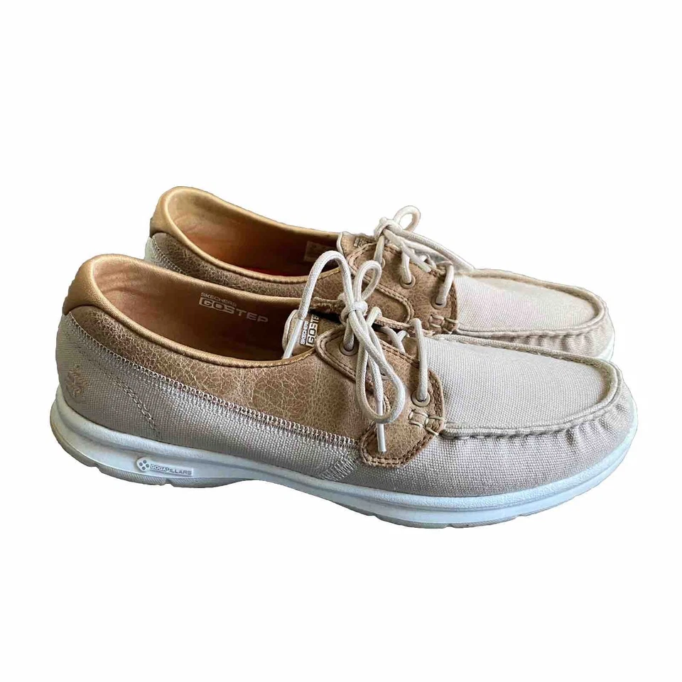 Skechers GoStep Tan and Cream Shoes Women’s Size 10 Boat Loafers Slip On - Image 1 of 4