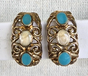 Orecchini Vintage Smalto Blu Crema Mezzo Cerchio Ovale Tono Oro Traforati Traforati 1" - Foto 1 di 7
