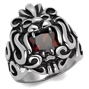 Stainless Steel Lions Lion Head Dark Red CZ Ring SZ 8-13 - Picture 1 of 4