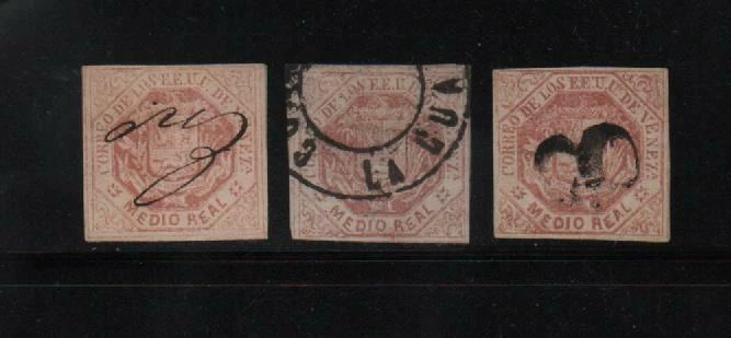 Venezuela: 1865; Scott 018+019, 3 cancellations ink-post-prephilatelic, EBV1031 - Image 1 of 2