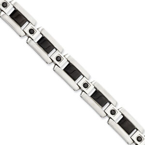Chisel Stainless Steel Black Enamel & Black Diamonds 8.75in Bracelet 8.75"