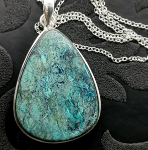 Blue-Green Chrysocolla-Cyanotrichite veins Pendant Sterling Chain Necklace(13K) - Picture 1 of 7