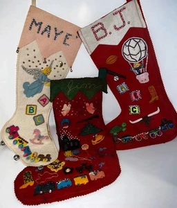 3 Vintage 1950s Christmas Stockings Kitschy Santa Sequins Jeweled Handmade - Picture 1 of 2