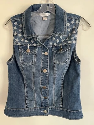 Christopher & Banks Star Glitter Denim Jean Vest Size Petite Med PM - Image 1 of 4