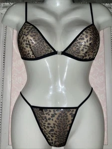 Victoria's Secret 2Pc Bra/String Panty S Set Leopard Mesh CRYSTAL VS LOGO CHARM - Picture 1 of 13