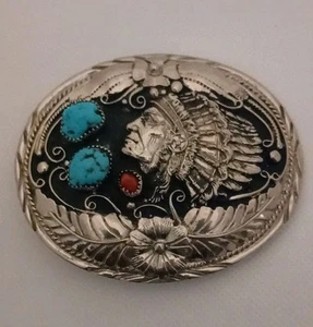 Vintage Silvertone SSI Buckle With Turquoise & Coral Stone, Indian Chief Head - Picture 1 of 8
