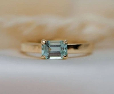 Natürlicher Smaragdschliff Aquamarin Verlobungsring 10k Gelbgold Ring I937 - Bild 1 von 4