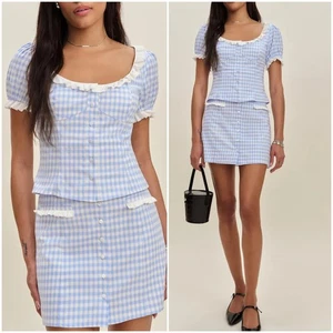 NEW Reformation Janell Two Piece Set Crystal Check Light Blue White | US 2 UK 6 - Picture 1 of 10