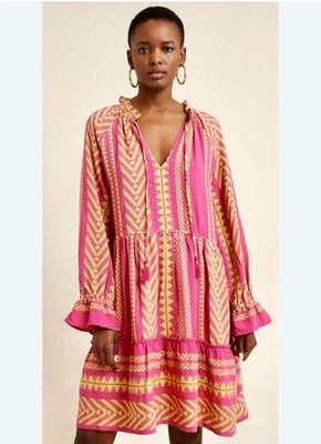 Anthropologie Dominique Dress Tasseled Bold Print Ruffle Hem Pink Lime XS - Image 1 of 4