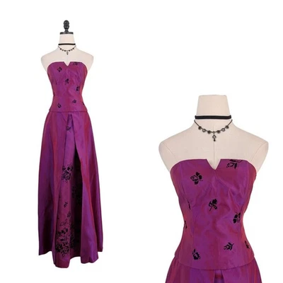 Vintage Betsy Adam Prom Dress Maxi Gown 4 Pink Black Set Corset Goth Y2K Velvet - Image 1 of 4