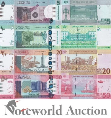 SUDAN 5 10 20 50 Sudanes Pounds 2017-2018 P 72d 73c 74d(2) 76(2) Set 4 p UNC - Image 1 of 3