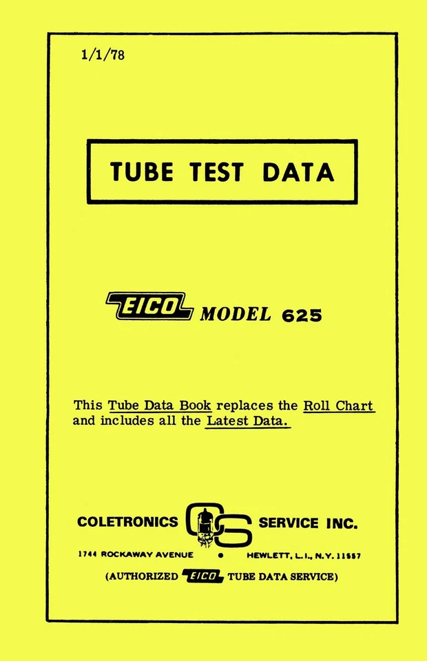 Datos de prueba de tubos 1978 para probadores de tubos Eico 625 Foto 1 de 1