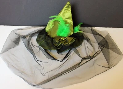 8" Green Witch Mini Hat Costume with Black Veil and Feathers and tulle flowers - Image 1 of 2