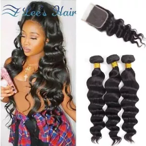 Loose Deep Wave Human Hair Bundles with 4x4 Lace Closure 12" Closure+14"16"18" - Picture 1 of 6