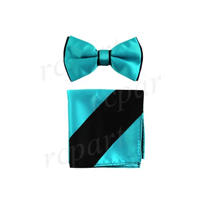 New Men's Two Tones Pre-tied Bow Tie and Hankie Set Aqua Blue Black wedding prom - Image 1 of 3