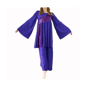 Danzcue Girls Shimmery Asymmetrical Praise Dance Tunic with Bell Sleeve - Picture 1 of 2