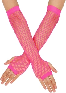 80S Fishnet Gloves Women Girls Net Mesh Hot Pink Gloves Long Fingerless 80S Fish - Picture 1 of 12