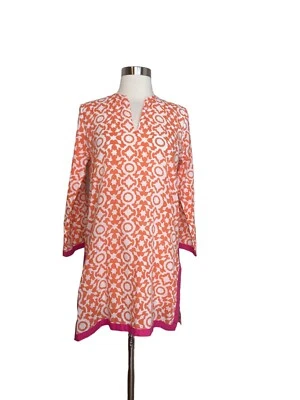 Roberta Roller Rabbit Women’s Tunic Top XS Orange Print with Hit Pink Trim Kurta - Image 1 of 4