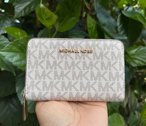 MICHAEL KORS JET SET SM ZIP AROUND CARD CASE WALLET MK VANILLA/SOFT PINK - Picture 1 of 9