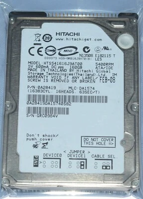 2.5" HITACHI 160 GB Internal 5400 RPM PATA-IDE Laptop Hard Drive HTS541616J9AT00 - Image 1 of 4