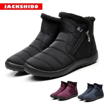 JACKSHIBO Womens Fur Lined Snow Ankle Boots Ladies Winter Warm Flat Shoes Size - Image 1 of 4