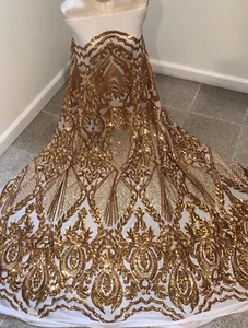 Gold White 4way stretch sequin Lace fabric 50” Width Sold By The Yard - Picture 1 of 6