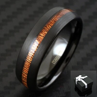 Anillo de boda con incrustaciones de madera de koa negro cepillado de tungsteno de 7 mm para hombre joyería Foto 1 de 4