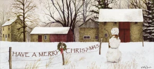 Farm Snowman and Fence in Winter Box of 14 Long Glitter Christmas Cards - Picture 1 of 2