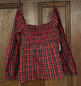 NWT Old Navy Long Sleeve Smocked Shirred Red Plaid Back Cut-out Bow Size Small - Picture 1 of 16