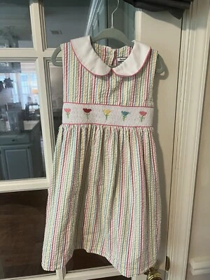 Hartstings Girls Sz 5 Multi Dress Smocked Seersucker Peter Pan Collar Tulip - Image 1 of 4