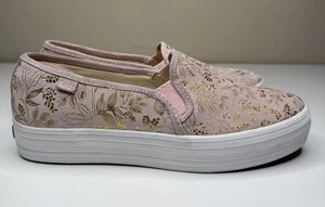 Keds x Rifle Paper Co Triple Decker Sneaker Womens 8 Pink Leather Gold Embossed - Picture 1 of 9