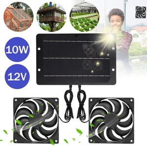 New Solar Powered Fan 12V 10W Waterproof Dual Exhaust Fan For Camping Greenhouse - Picture 1 of 20