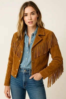 Chaqueta con flecos de cuero de gamuza occidental, estilo americano, cuello en V, bolsillos delanteros, tostado Foto 1 de 3