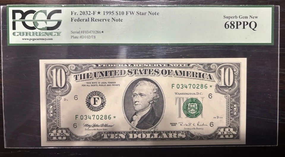 Billete de 10 dólares de la Reserva Federal - (1995) Fr#2032-F - ATLANTA - PCGS 68 PPQ (NOTE ESTRELLA) Foto 1 de 2