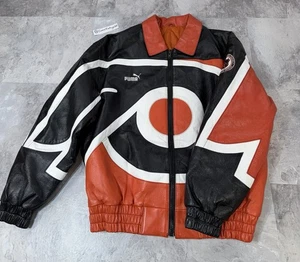 Abrigo Chaqueta de Cuero PUMA Philadelphia Flyers Vintage Años 90 Logo Grande NHL Hombres Talla M - Imagen 1 de 12