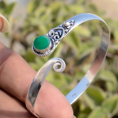 VALENTINO Bracciale Bracciale Pietra Preziosa Onice Verde Taglio Rotondo Argento Sterling 925 Fatto a Mano