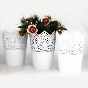 Set of 3 White Metal Lace Candle Planter / Flower Holder Cup Floral Wedding - Picture 1 of 6