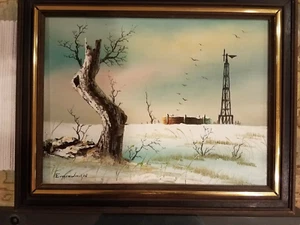 EVERETT WOODSON WINTER NO BARN  TREE WINDMILL OIL PAINTING FRAMED  ORIGINAL - Picture 1 of 7