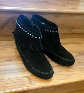 Aldo Women Black Leather Suede Fringe & Stud Wedge Booties - Picture 1 of 7