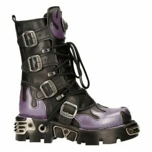 NUEVAS BOTAS ROCK M-591-S5 PÚRPURA LLAMA PUNK Cuero Negro Gótico Pesado Motociclista - Imagen 1 de 9