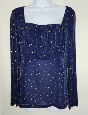 Allegra K Women's Lightweight Blue Long Sleeve Blouse w/ Gold Stars Size XL - Image 1 of 4
