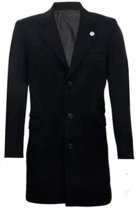 Mens 3/4 Long Black Wool Crombie Overcoat Jacket Peaky Blinders Slim Fit Coat - Picture 1 of 5