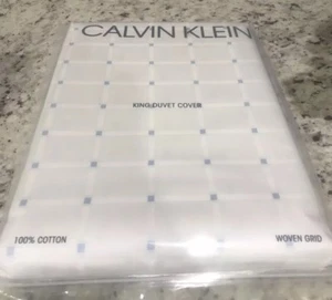 Calvin Klein Woven Grid White With Light Blue King Duvet Cover. Retail $315 - Picture 1 of 9