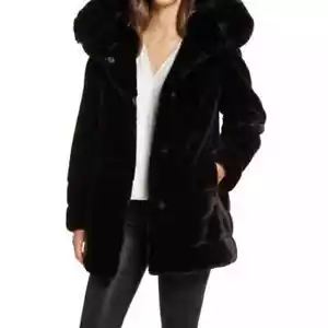 Gallery Coat Hooded Faux Fur Coat Black Cozy Soft Plush Size L NWT - Picture 1 of 10