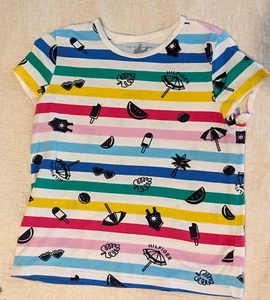 Tommy Hilfiger Girls Graphic Print Striped Crew Neck T-shirt Top Size L 12 - Picture 1 of 2