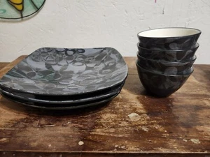 Noritake Elements Onyx Stoneware 3 Square Plates And 4 Cups/Small Bowls - Picture 1 of 11