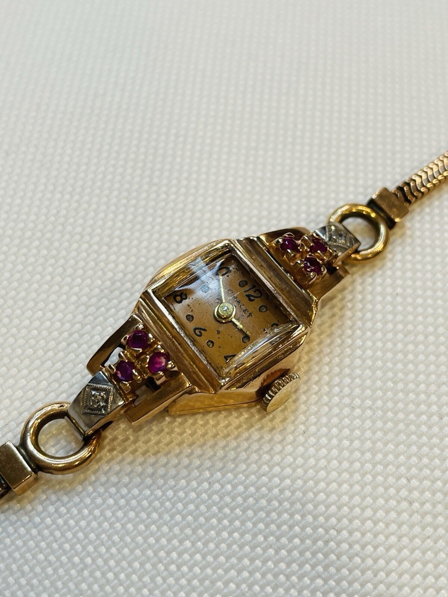 Vintage Art Deco Chalet  Rado Watch Co. 14k Rose Gold Ruby Diamond  Wristwatch 1940s Rose Gold Ruby And Diamond Watch - 8 For Sale on 1stDibs main image 4