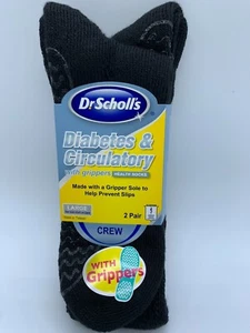 NEW 2 PAIRS DR SHOLL'S DIABETES & CIRCULATORY CREW SOCKS WITH GRIPPERS BLACK L - Picture 1 of 2