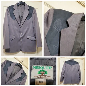 Mesquite Niver Western Blazer Mens 40R Grey Cowboy Rockabilly Suede Yoke Rodeo - Picture 1 of 21