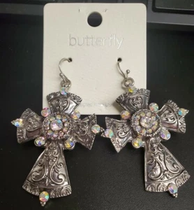 Earrings Irridesent Cross Silver Toned Carved Rhinestone Dangle Fishhook - Picture 1 of 7